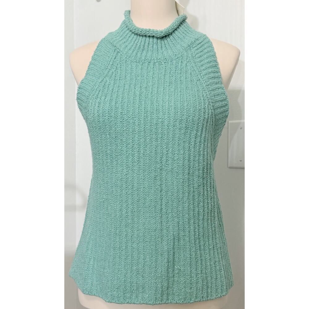 NEW Anthropologie Blue Teal Sleeveless Turtleneck Sweater Vest Ribbed Sz Medium